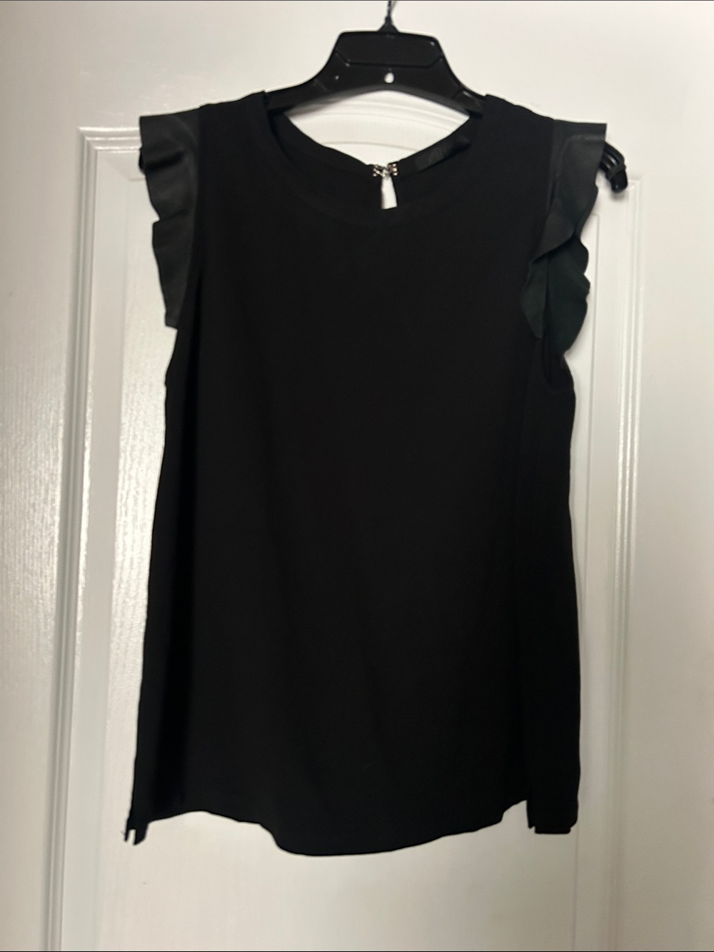 Pinko Short Sleeve Blouse Leather Trim Black US 8